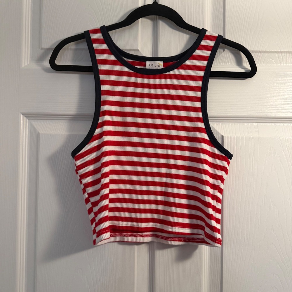 Le Lis Red and White Striped Ribbed Crop Tank with Black Trim